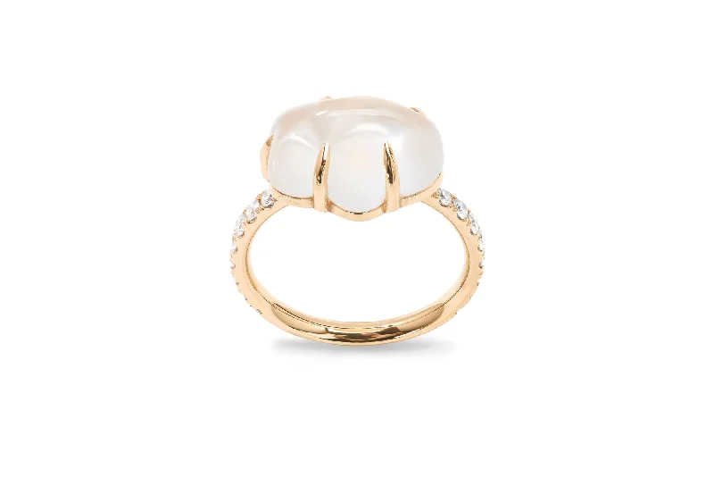 Cloud Pavé 18K Gold Ring w. Milkey Quartz & Diamonds