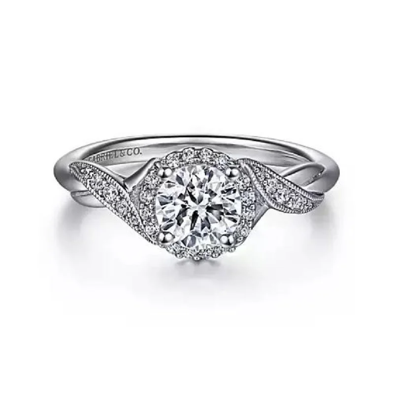 Vintage Inspired 14K White Gold Round Halo Diamond Engagement Ring