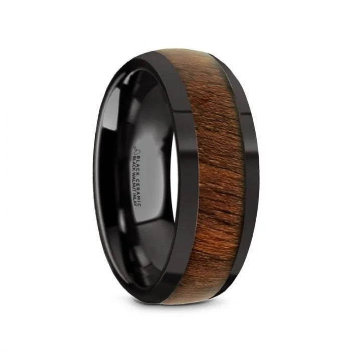 WALLACE Black Ceramic Polished Finish Men’s Domed Wedding Band with Black Walnut Inlay - 8mm