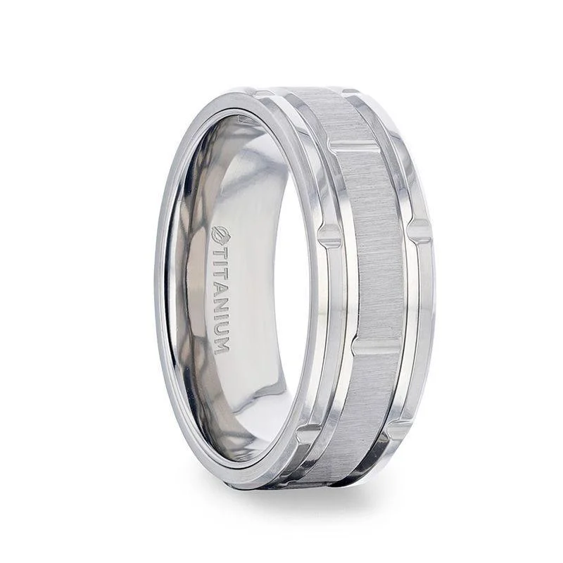 WARRICK Alternating Grooves And Horizontal Etched Finish Titanium Men's Wedding Band with Alternating Grooved Beveled Polished Edges - 8mm