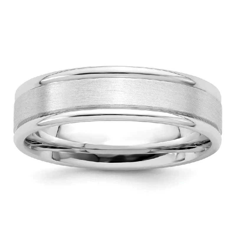 6mm Rhodium Plated Sterling Silver Brushed Flat Grooved Edge Band