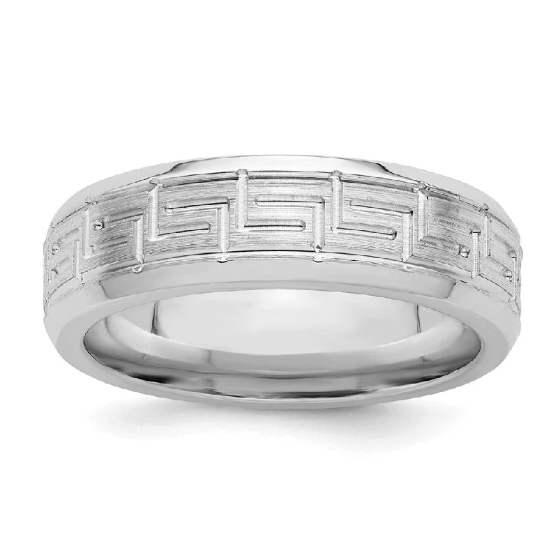 6mm Rhodium Plated Sterling Silver Brushed Greek Key Beveled Edge Band