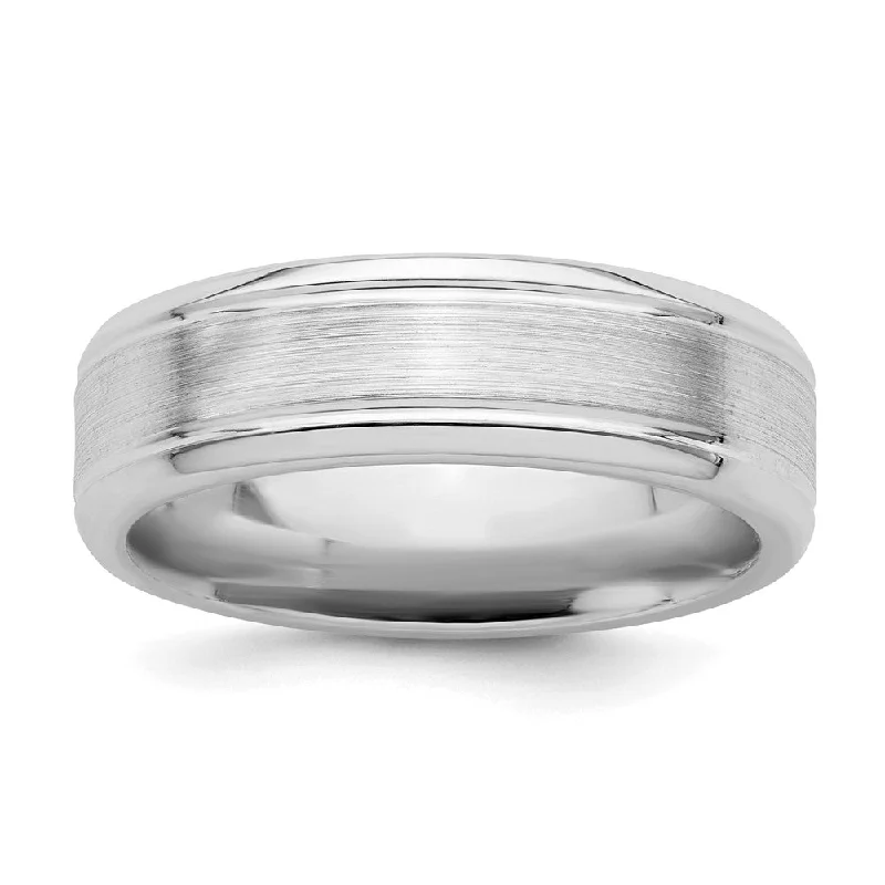 6mm Rhodium Plated Sterling Silver Brushed Ridged Standard Fit Band