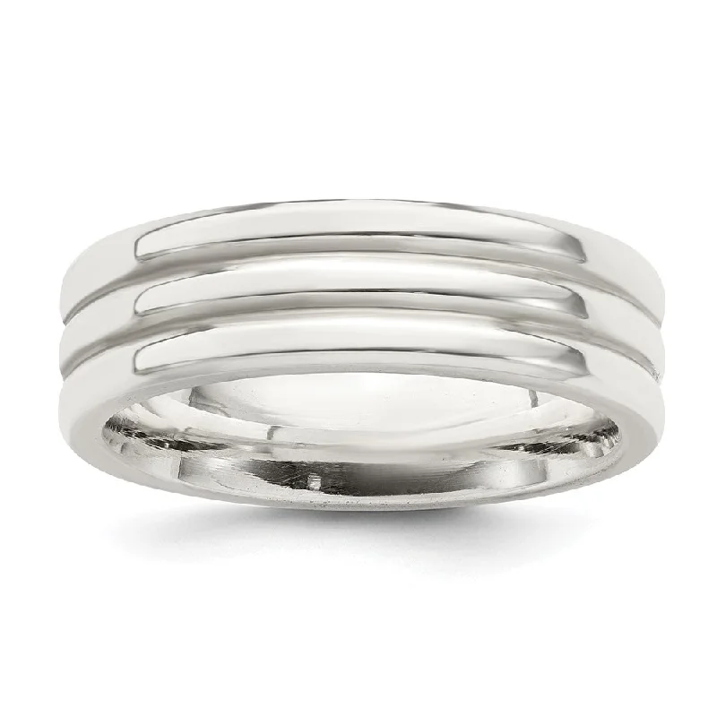 6mm Sterling Silver Polished Double Grooved Standard Fit Band