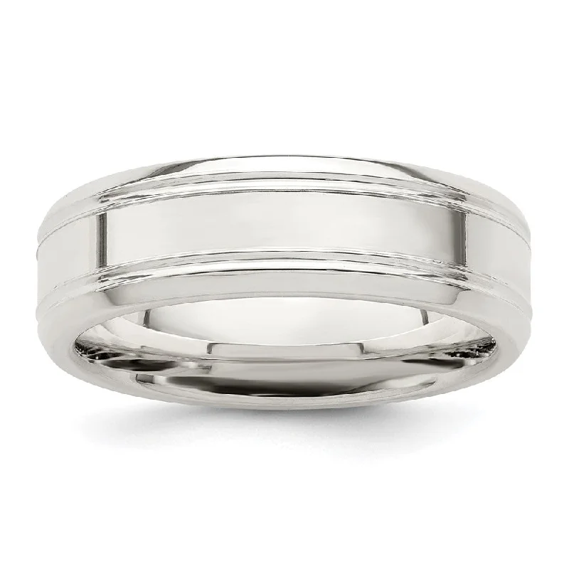 6mm Sterling Silver Polished Flat Grooved Beveled Edge Band