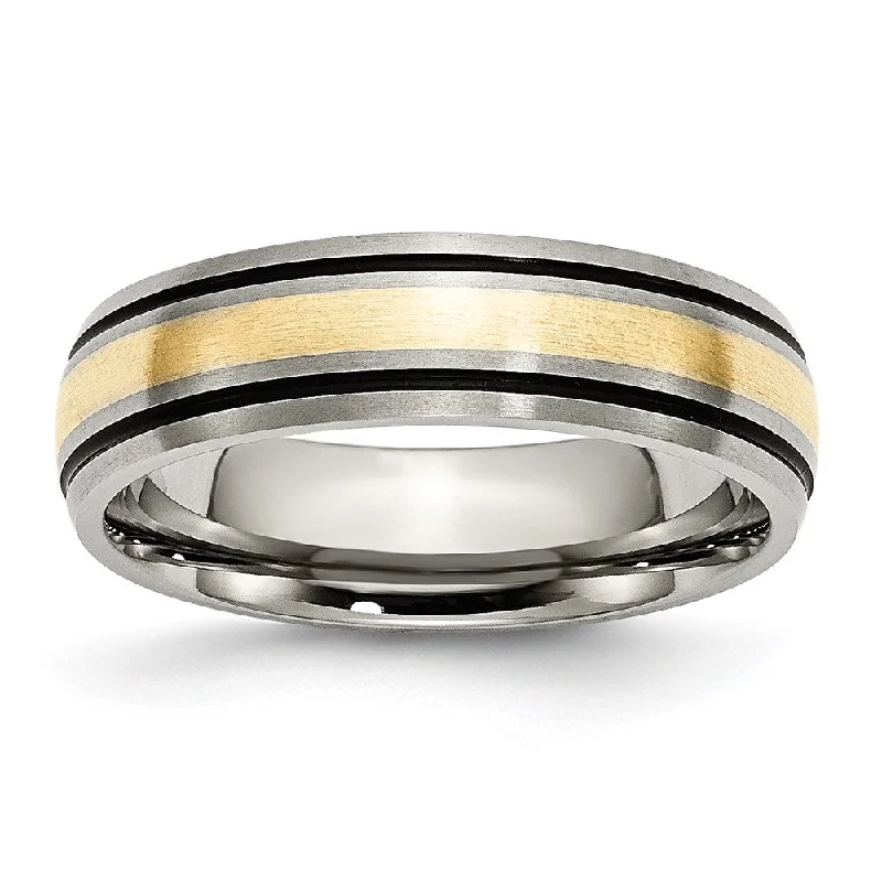 6mm Titanium & 14K Gold Inlay Antiqued/Brushed Grooved Band