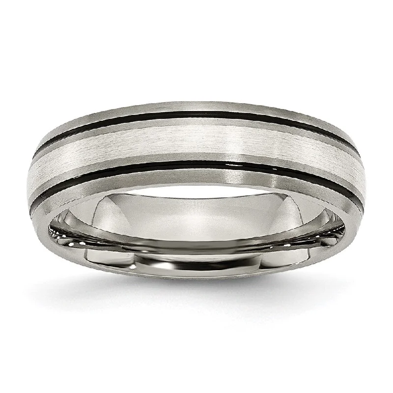 6mm Titanium & Sterling Silver Inlay Antiqued/Brushed Grooved Band