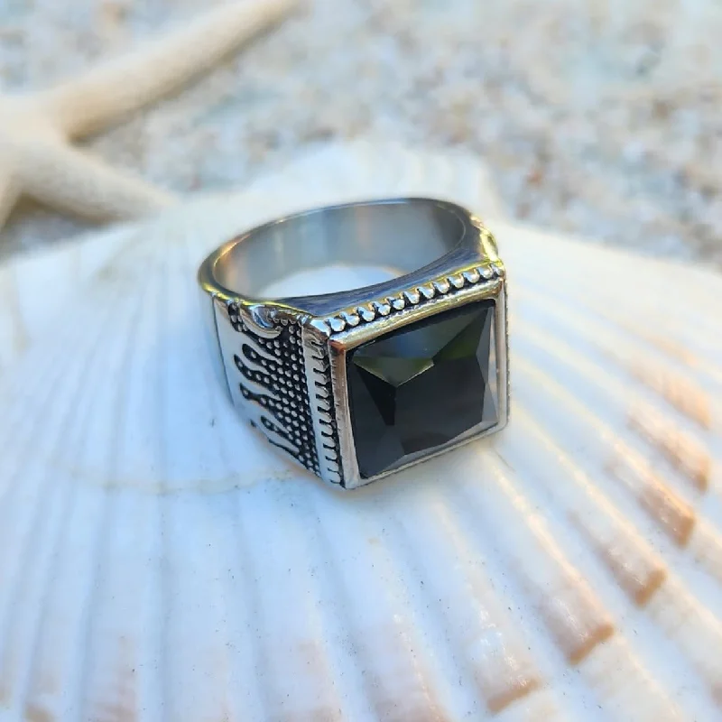 ONYX WAVE - WATERPROOF MEN'S ONYX CRYSTAL SILVER RING